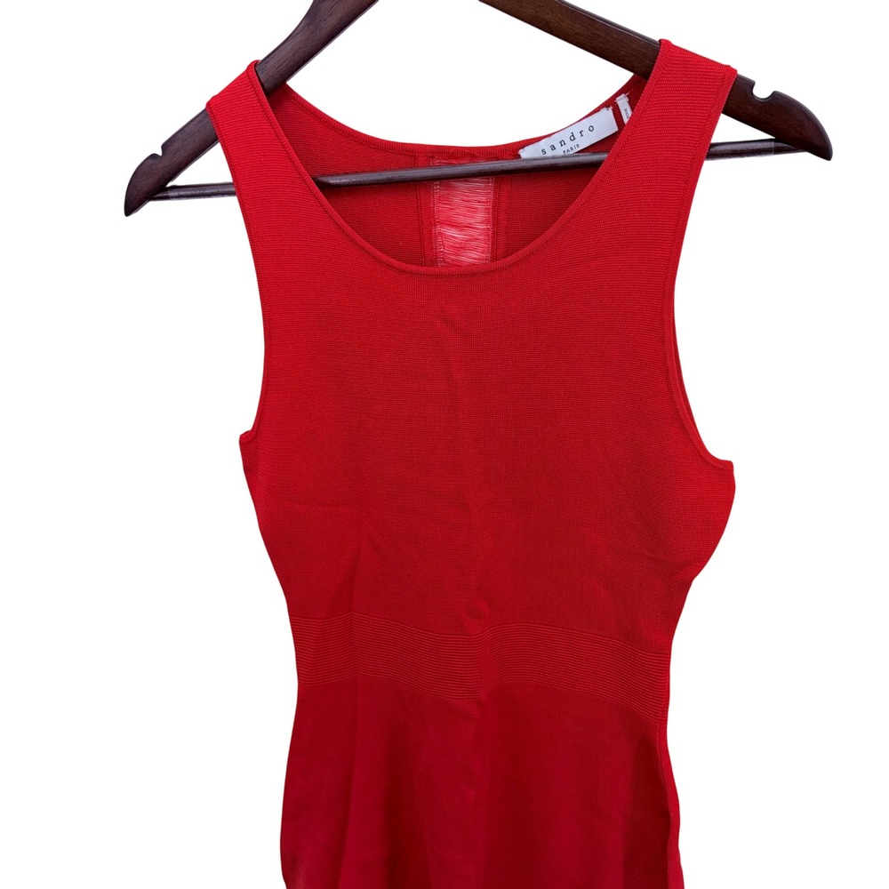 Sandro Paris Red Sleeveless Fit and Flare Knit Dress Open Back Detail‎ Size 2 - Picture 2 of 8